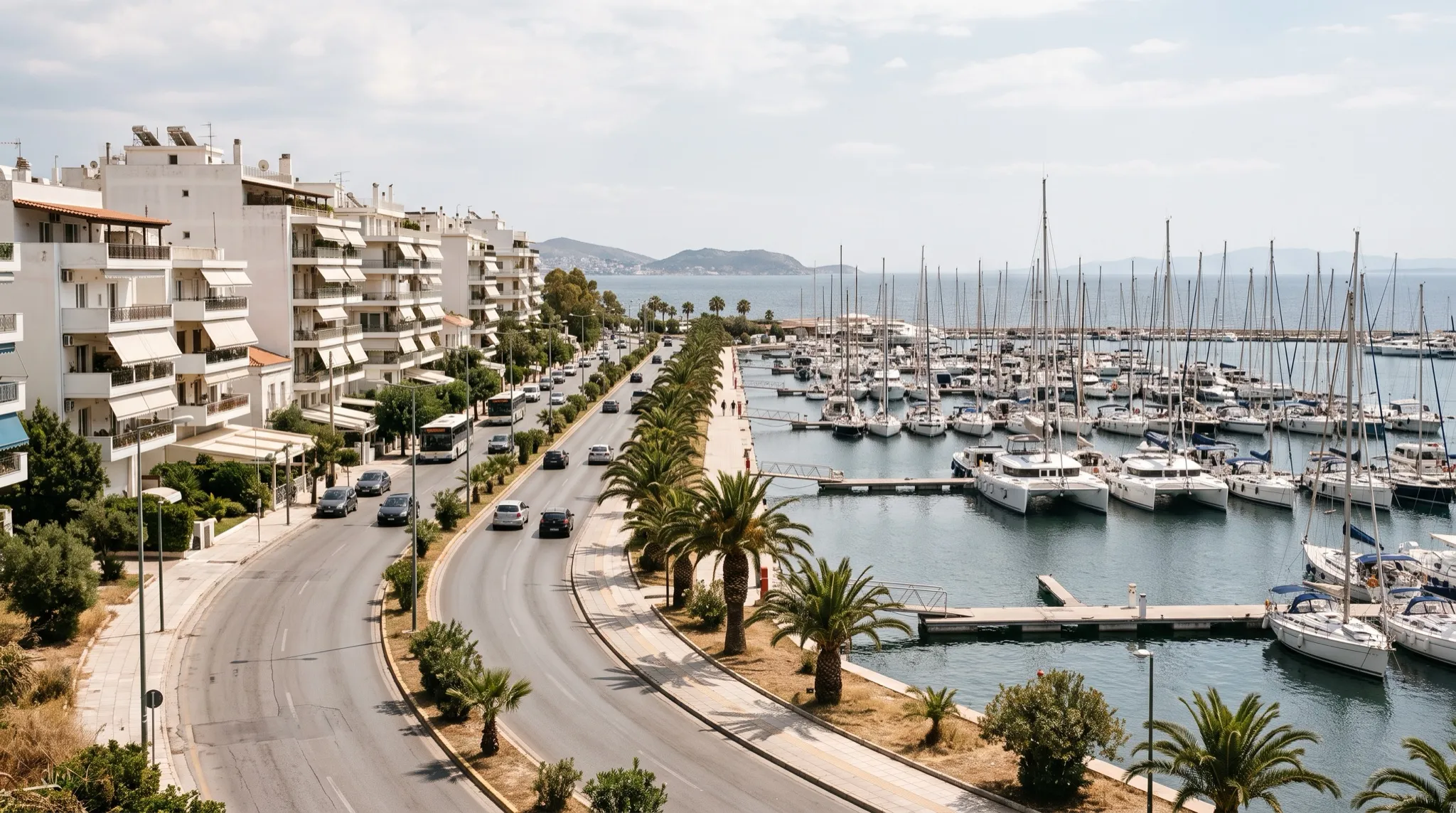 Πολυκατοικίες με μπαλκόνια απέναντι από τη μαρίνα του Αλίμου