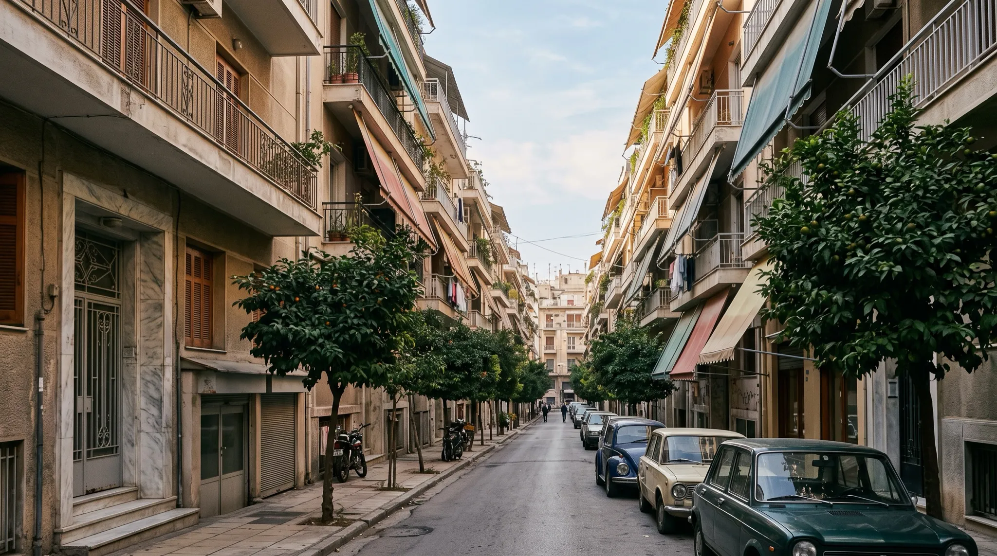 Πολυκατοικίες με μπαλκόνια και νεραντζιές σε δρόμο της Καλλιθέας