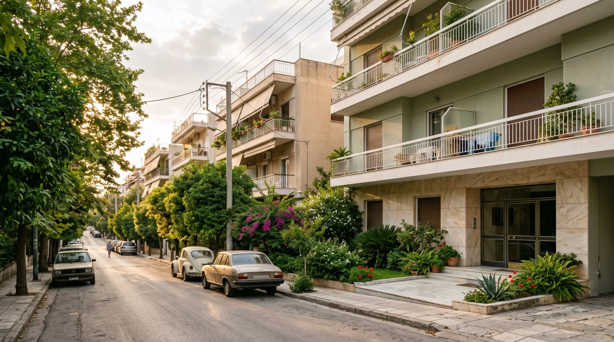 Δεντροφυτεμένος δρόμος με πολυκατοικίες και μαρμάρινη είσοδο στη Νέα Σμύρνη