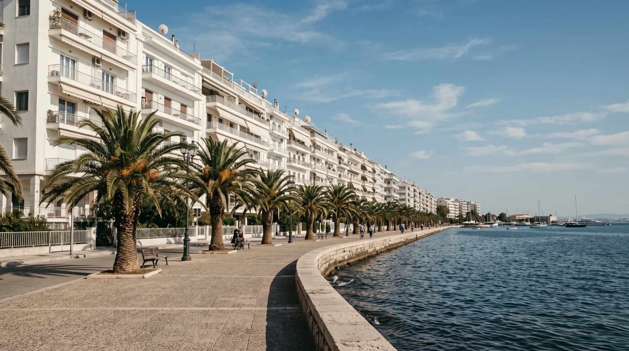 Σύγχρονη πολυκατοικία με μπαλκόνια και φοίνικες κοντά στη θάλασσα στο Παλαιό Φάληρο