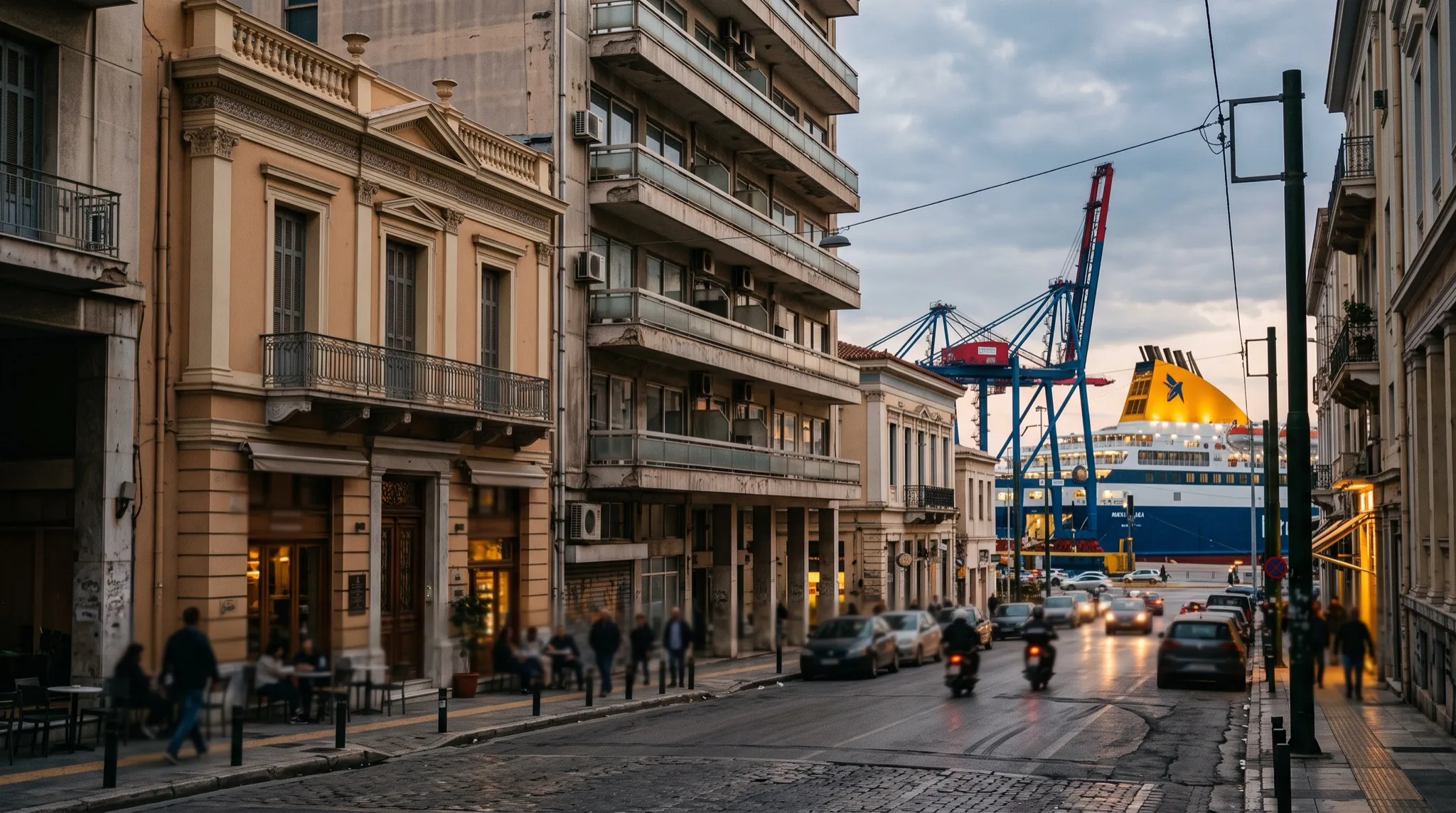 Νεοκλασικό δίπλα σε κτίριο γραφείων κοντά στο λιμάνι του Πειραιά